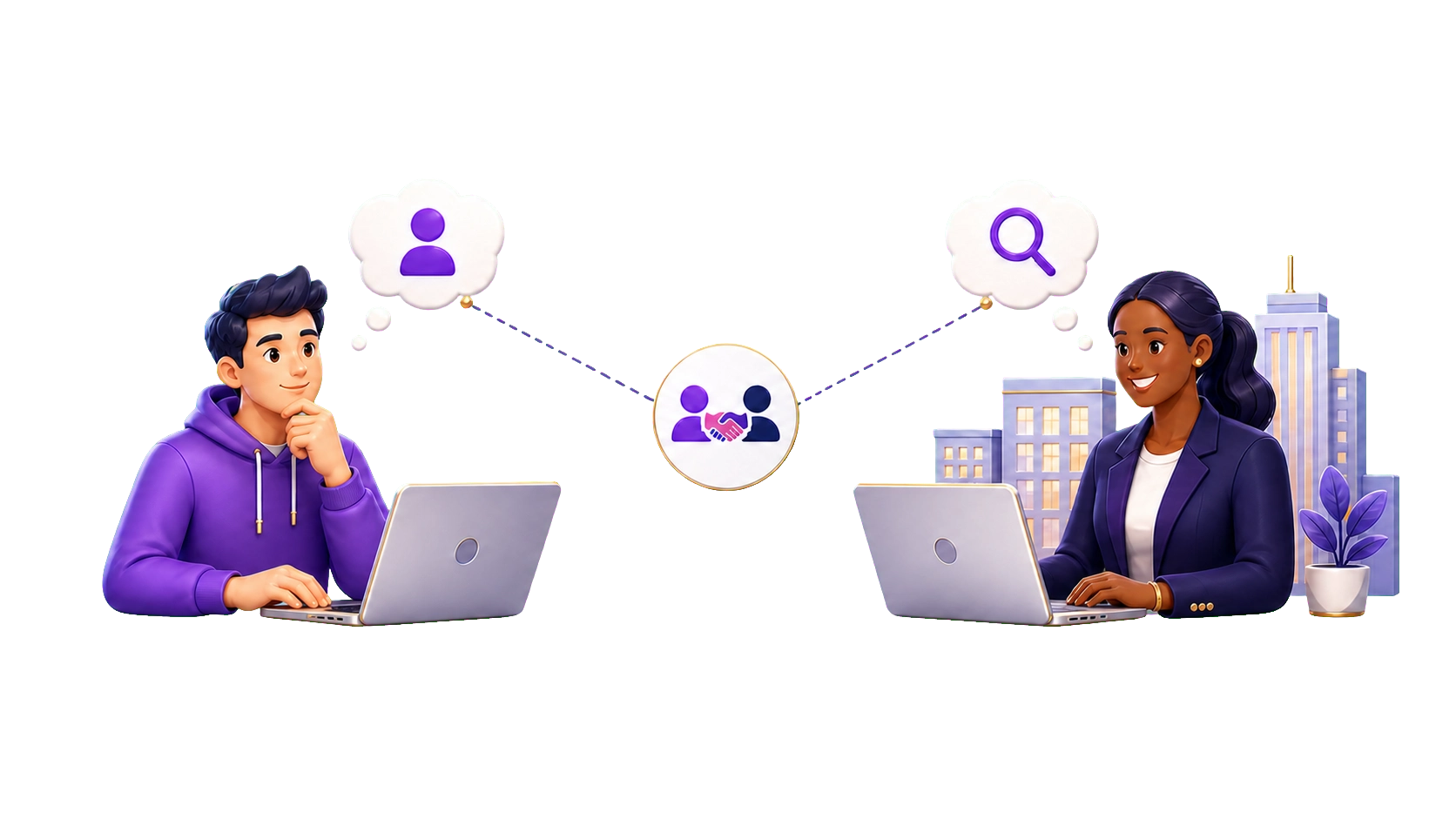 A job seeker and an employer connect through WorkMatchApp matching.